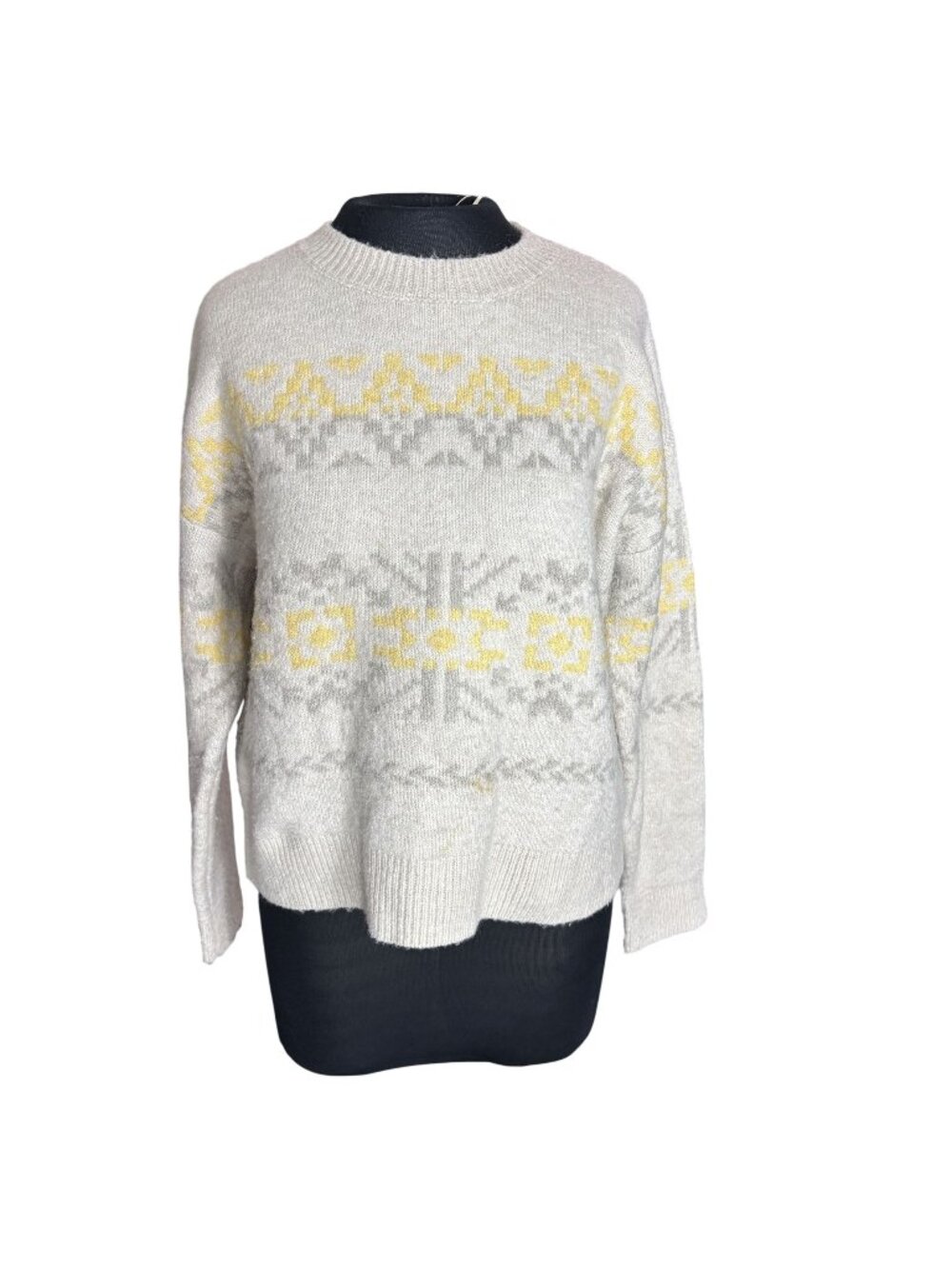 Lucky Brand Womens Medium Gray Knit Sweater Crewneck Yellow Pattern